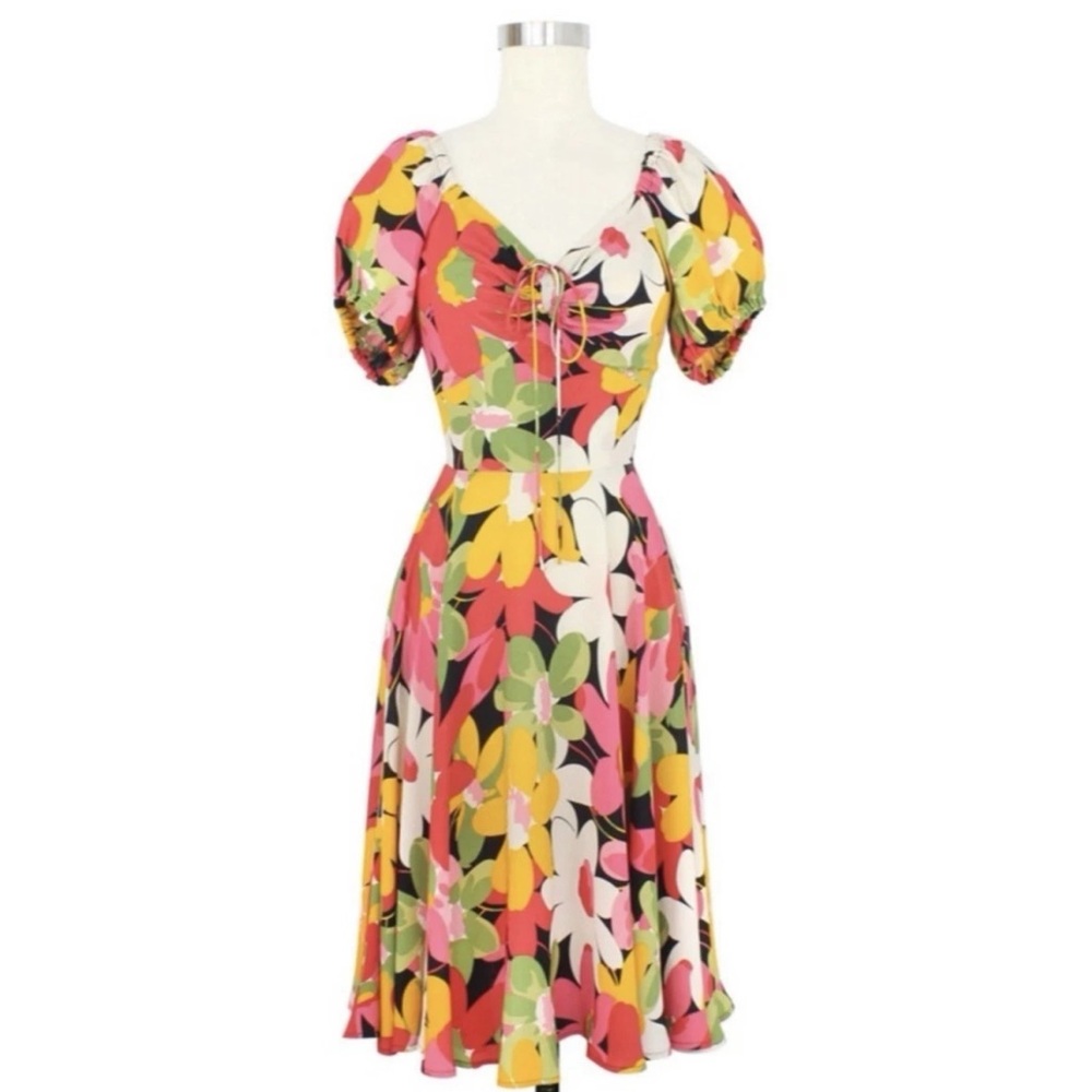 NWT Trashy Diva Puff Sleeve L’ Amour Dress in Flower Power Crepe De Chine Sz 14 - Picture 1 of 9